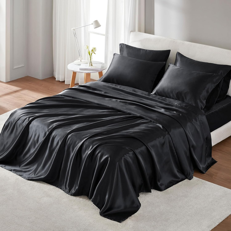Luxury Satin Sheet Set, King Size, Black, 6 Pieces, Fits Up to 16" Mattress0