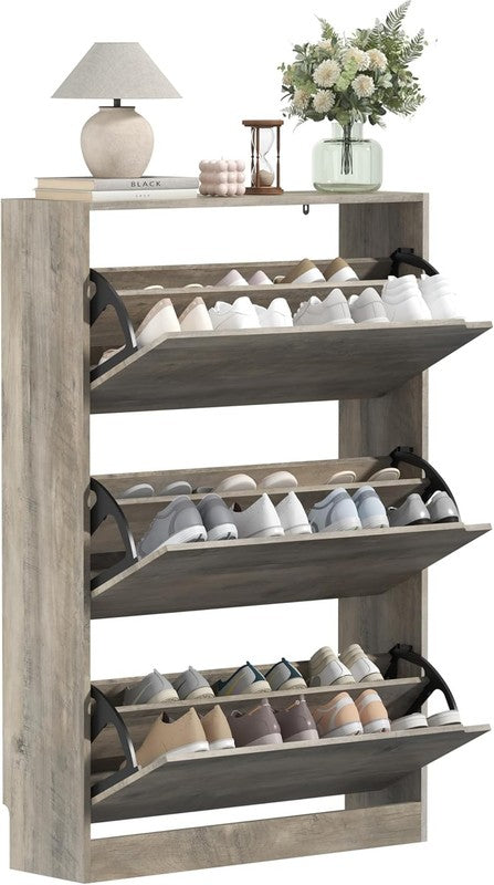 47'' Shoe Cabinet 3 Flip Drawers Slim Wood Storage Rack Organizer Entryway Grey7