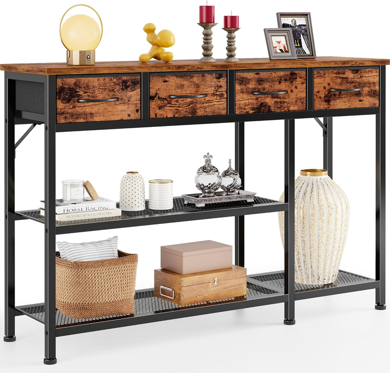 47" Industrial Entryway Table Sofa Console 4 Fabric Drawers Rustic Brown0