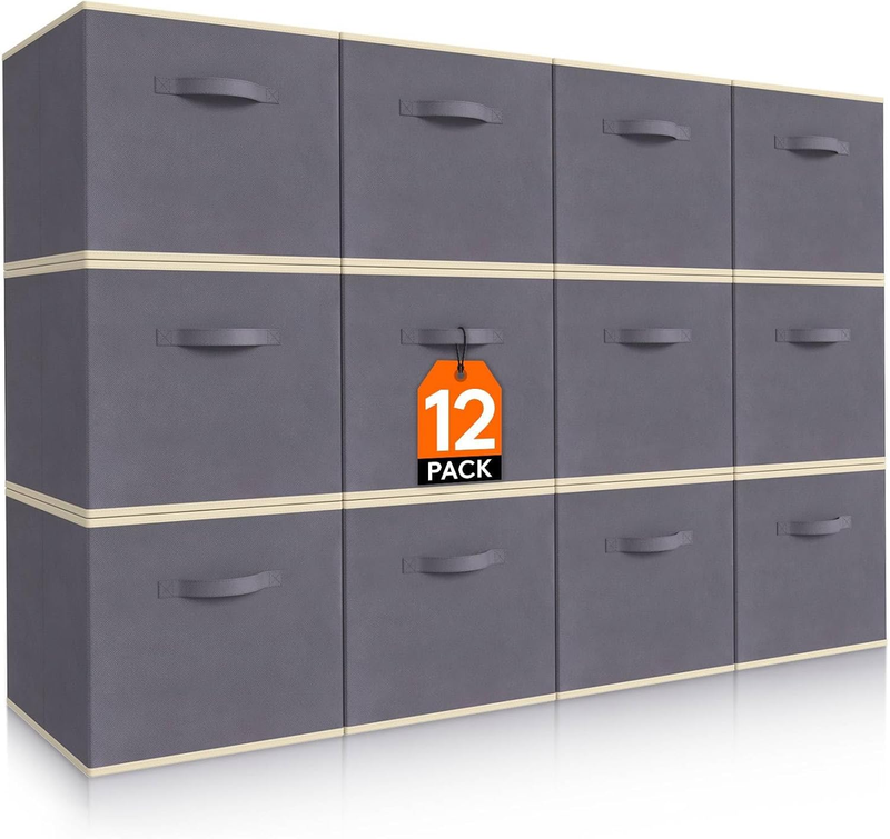 12 Pack Grey Fabric Storage Cubes with Handles, 11 Inch Foldable Bins0