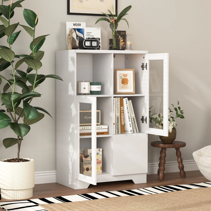 Storage Cabinet with Glass Doors and Drawer, Adjustable Shelves, White1