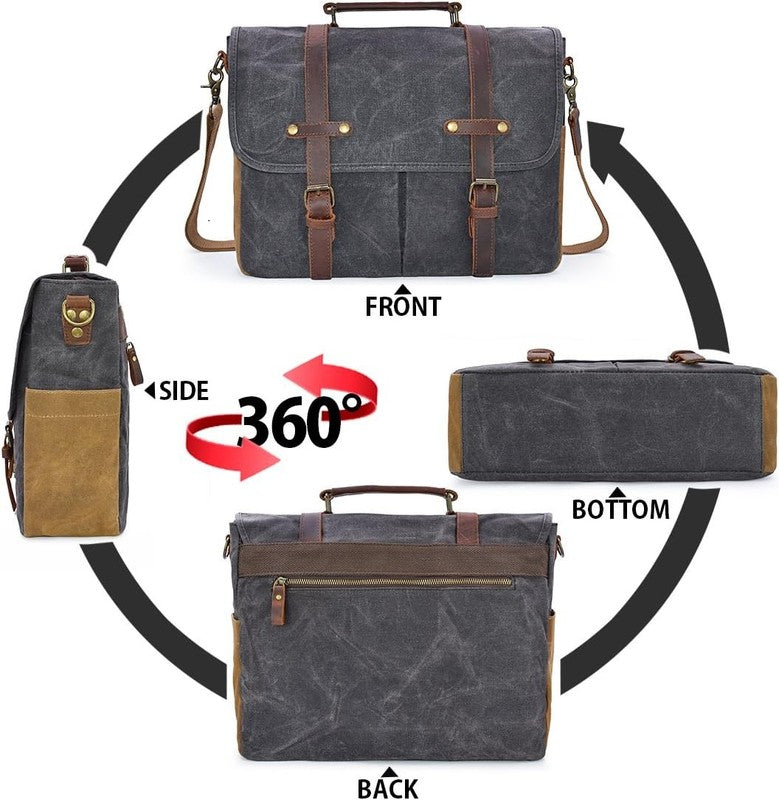 Mens Messenger Bag 15.6" Leather Canvas Waterproof Vintage Laptop Grey5
