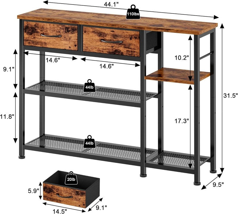 44" Industrial Entryway Console Table Sofa Table Metal Mesh Rustic Brown1