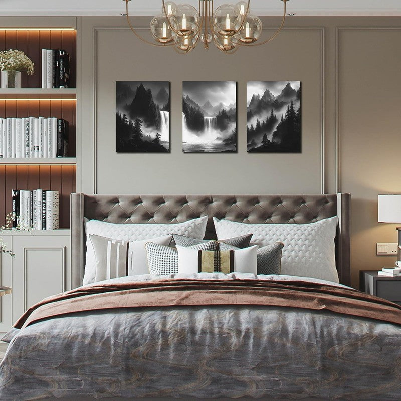 Foggy Forest 3-Piece Wall Art Set - Black & White Canvas Decor 12" x 16"2