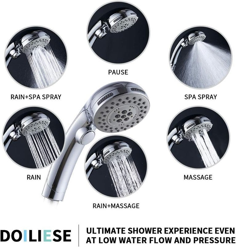 High Pressure Handheld Shower Head 6 Settings w/ Hose ON/OFF Switch Spa Chrome1