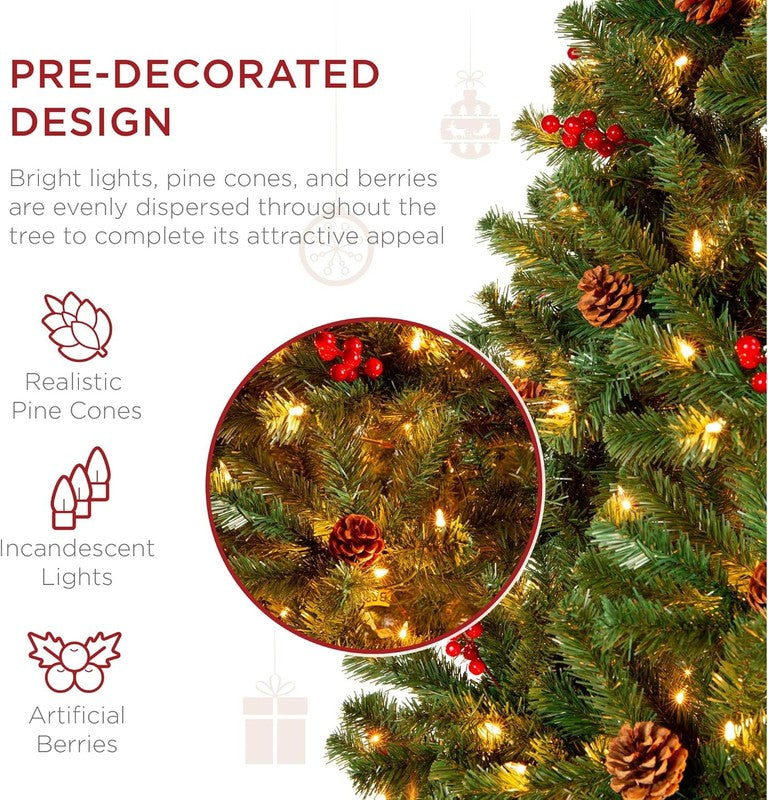 Pre-Lit Pre-Decorated Spruce Christmas Tree 4.5Ft 150 Lights Pinecones Berries2