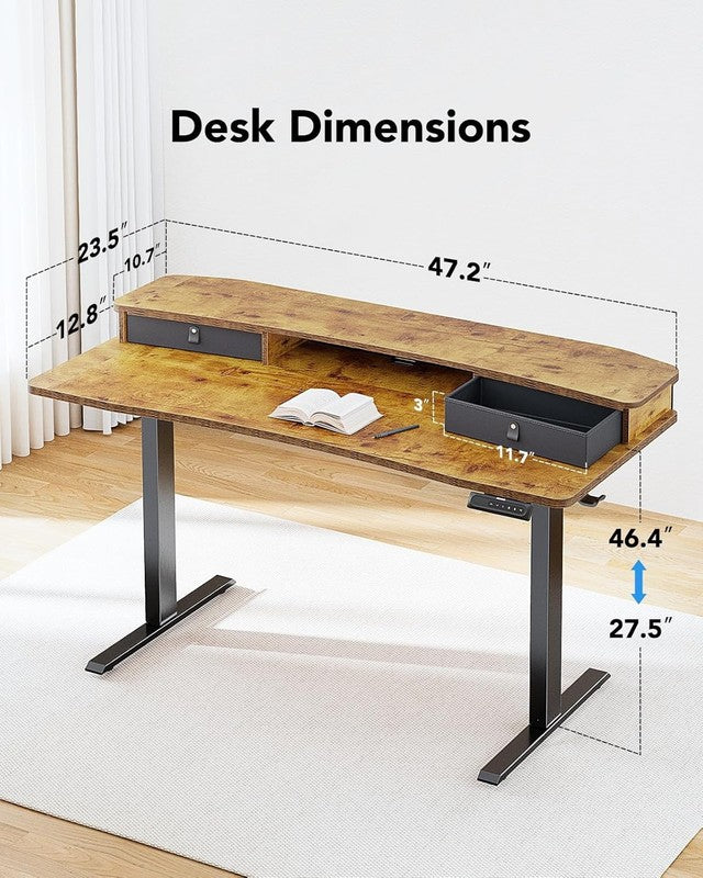 48x24 Electric Standing Desk w/ 2 Drawers 4 Presets Hooks Vintage Brown1