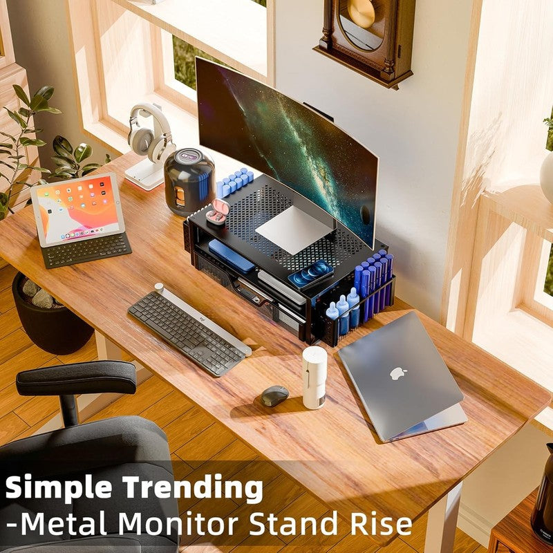 2-Tier Metal Monitor Stand with Drawer & Pen Holder for Desk Organization1