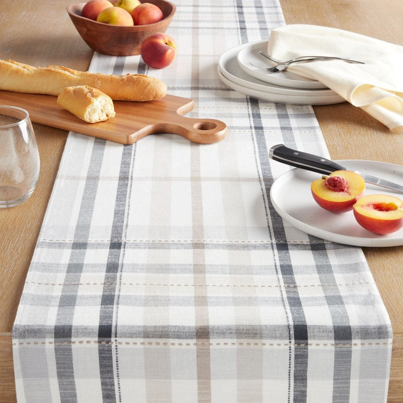 Plaid Fabric Table Runner, Beige, 14"W X 90"L1