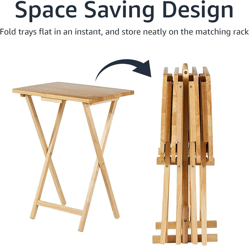 Classic Foldable TV Dinner Tray Table 4 Pack w/ Storage Rack Natural 14.6x19x26"3