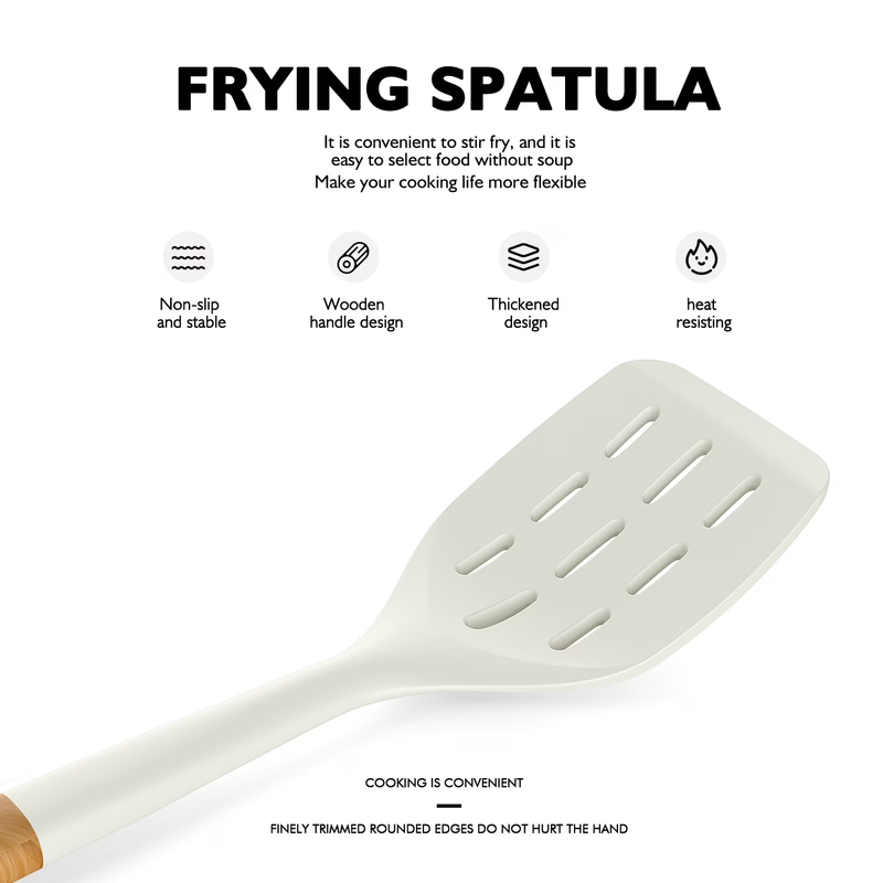 Large Silicone Kitchen Utensil Set Wooden Handle Heat Resistant Warm White2