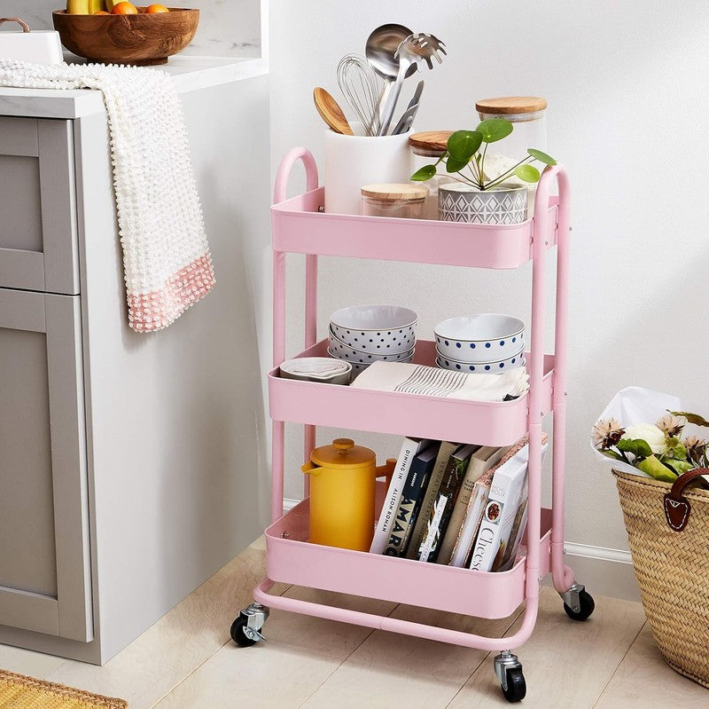 3-Tier Rolling Utility Cart with Lockable Wheels, Charcoal Storage Pink5