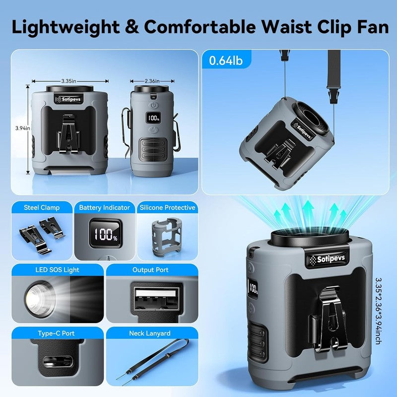 Portable Waist Clip Fan 12000mAh Rechargeable 6-Speed 30H Belt Fan6