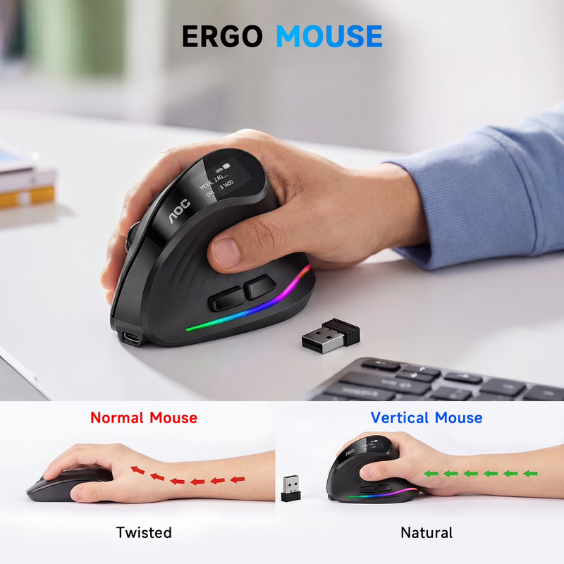 Ergonomic Vertical Wireless Mouse Rechargeable 4800 DPI RGB Silent Black5