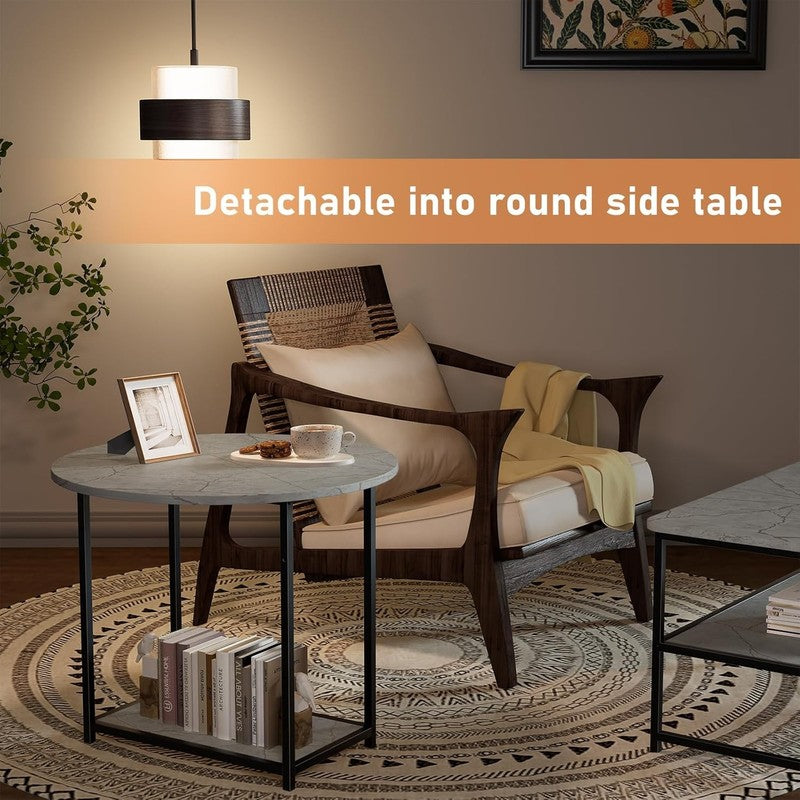 2 in 1 Grey Marble Coffee Table Set with Storage, Modern Living Room Table5