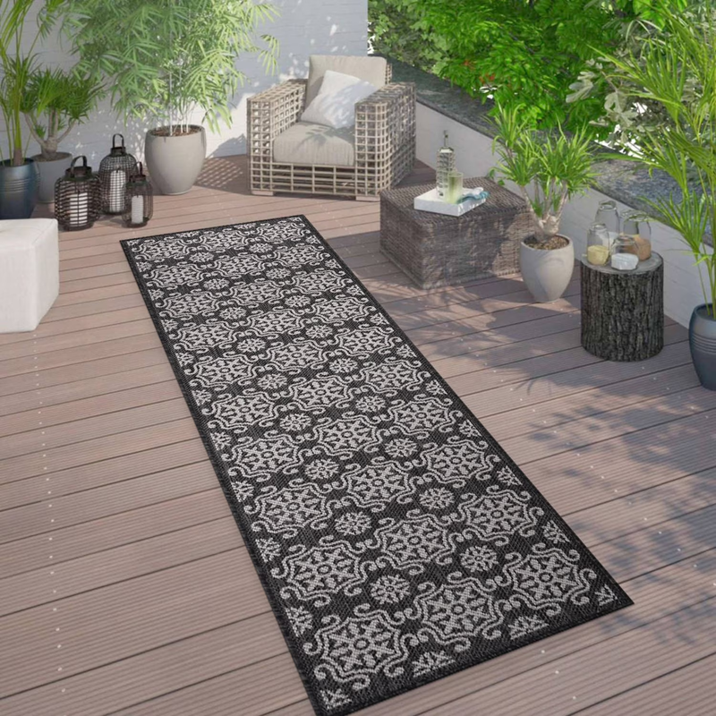 Transitional Geometric Textured Flat Weave Indoor/Outdoor Area Rug - BLACK 2'X7'0