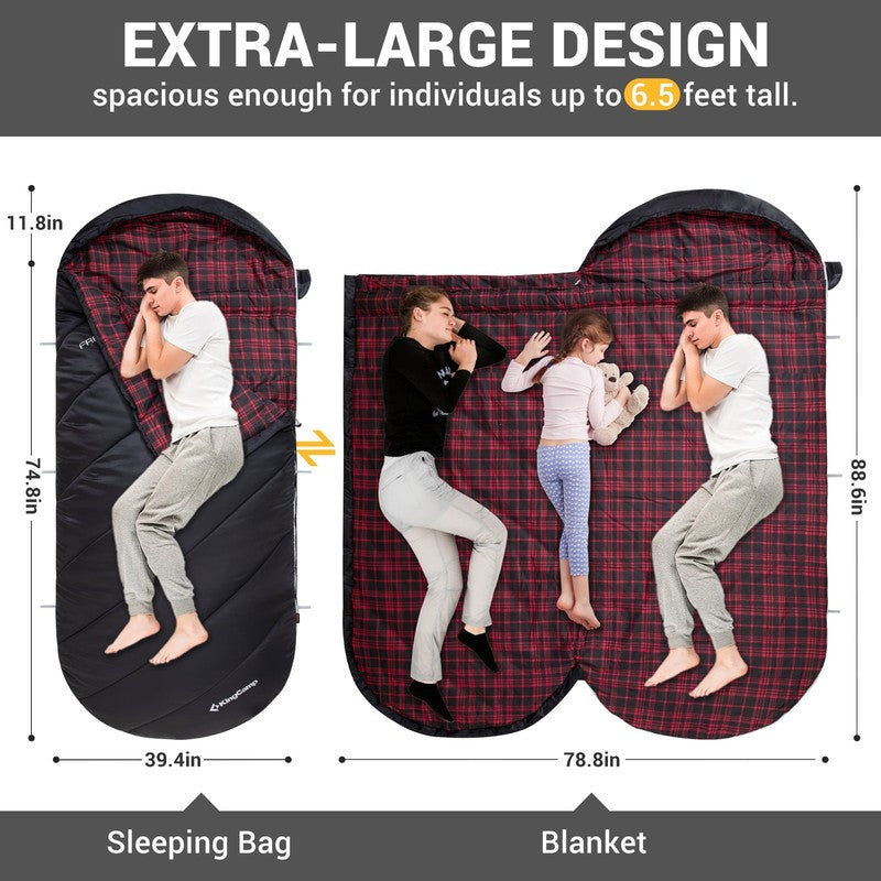 XL Cotton Flannel Sleeping Bags, Oversized Weatherproof 3-Season Sleep Bag with 5