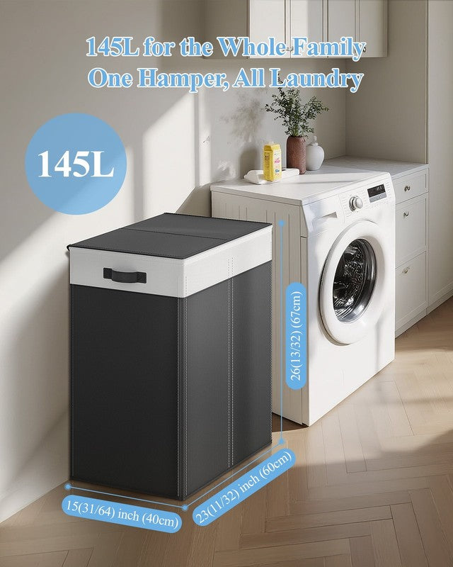 145L Laundry Basket w/ Lid, 2 Detachable Mesh Bags, Hamper Black & White2