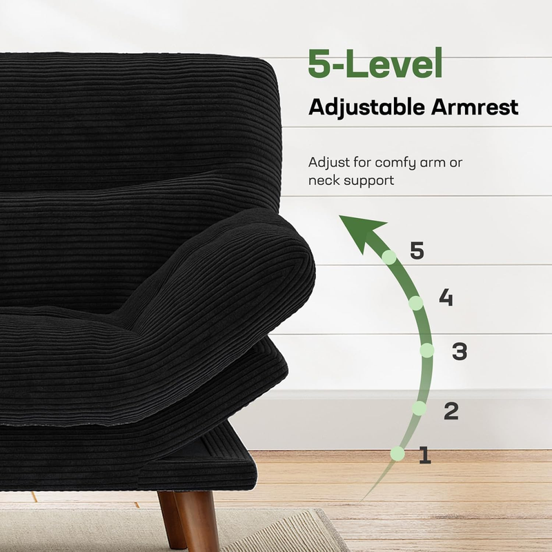 66in Futon Sofa Bed Convertible Corduroy Sleeper Loveseat Adjustable Black Apart3