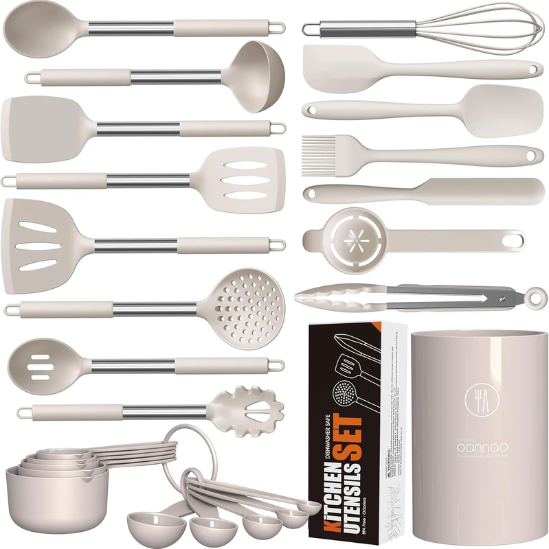 Large Silicone Kitchen Utensil Set Heat Resistant Nonstick Khaki10
