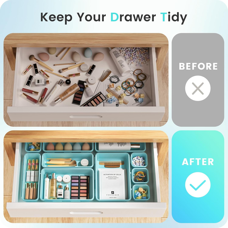 Drawer Organizer Makeup Storage 5 Size Holds 177 Items Blue3