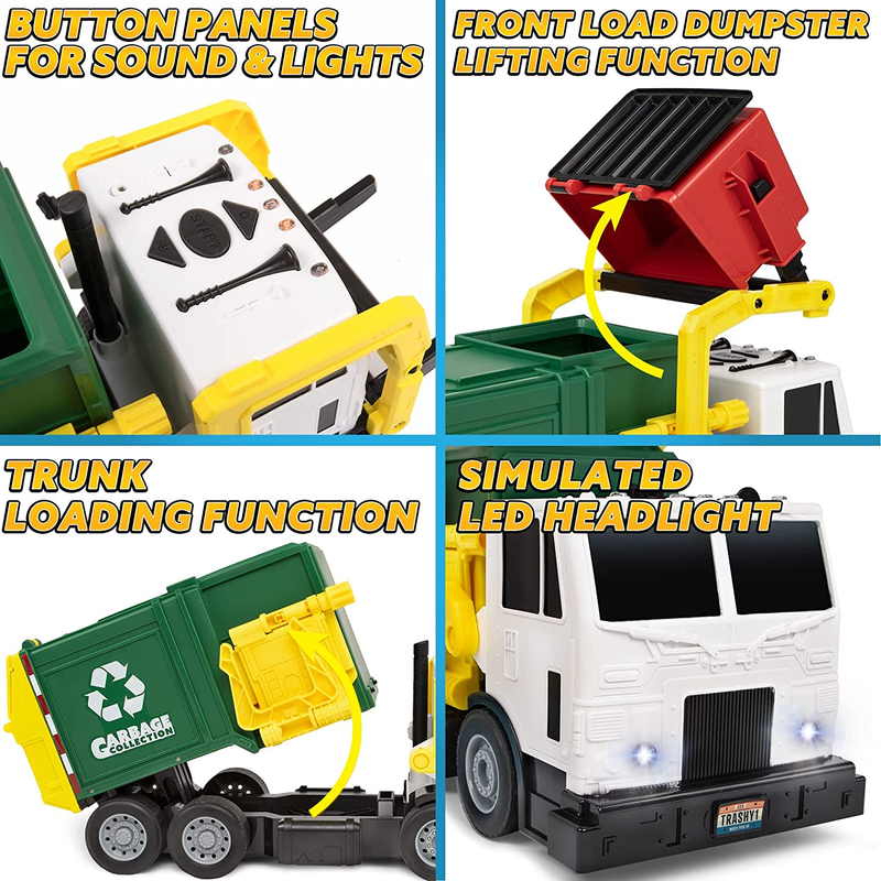 Large Friction Powered Garbage Truck Toy Set, Includes Dumpster, Trash Bins, and4