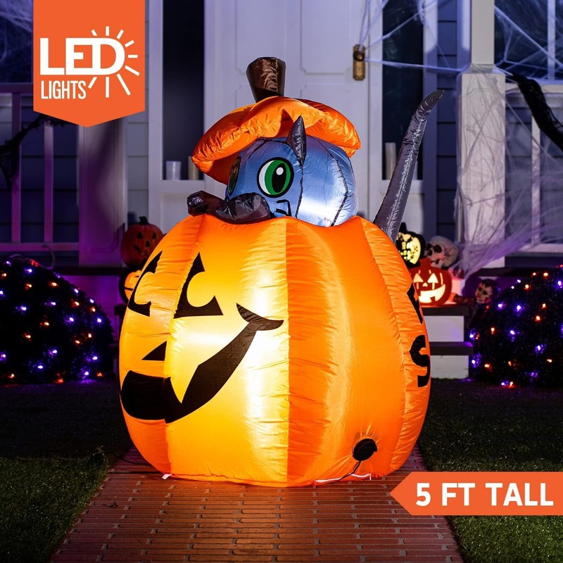 5Ft Halloween Inflatable Animated Kitty on Pumpkin Yard Lawn Decoration1