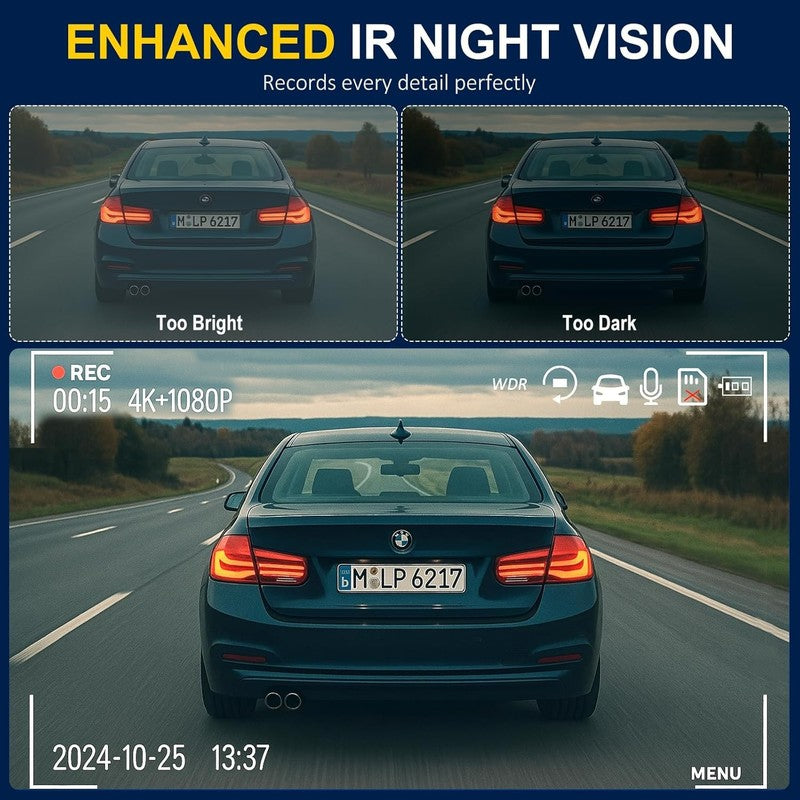 3-Channel 4K+1080P Dash Cam Front Rear Inside w/ WiFi 64GB Card Night Vision5