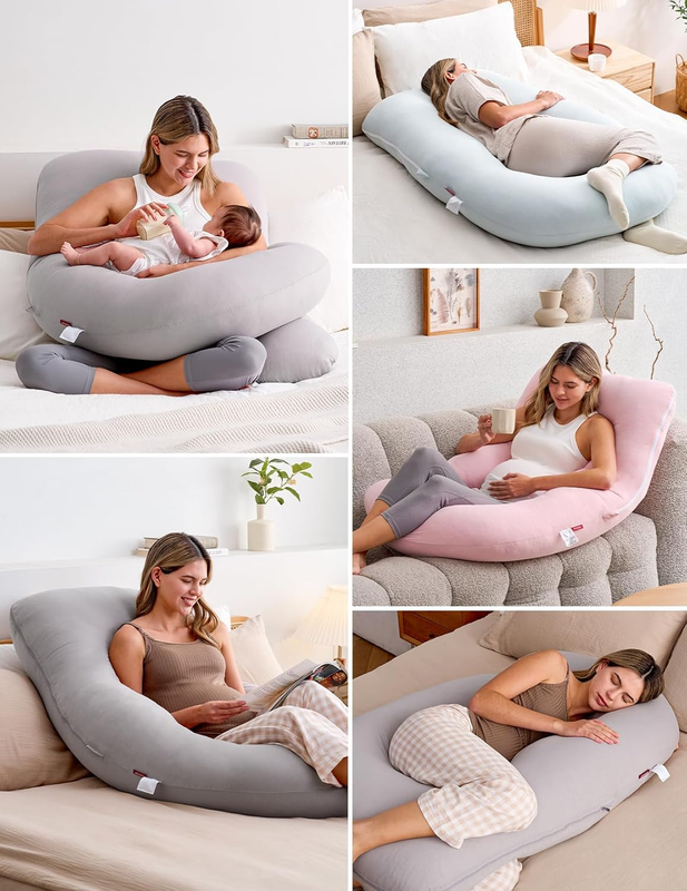 57in U Shaped Pregnancy Pillow Full Body Maternity Jersey Cotton Gray5