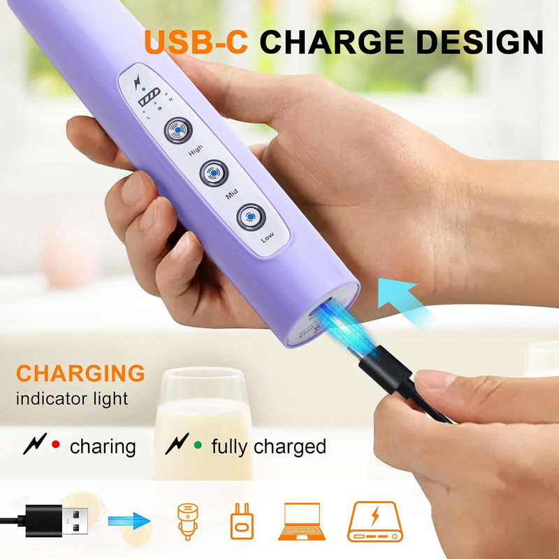 Milk Frother Handheld Rechargeable 3 Speed 3 Heads Coffee Whisk Purple2