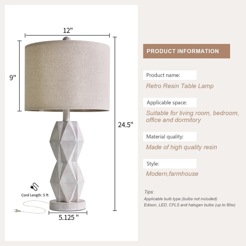 Set of 2 Farmhouse White Table Lamp 24.5" Rustic Resin for Bedroom & Living Room5