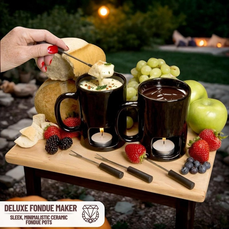 Mini Fondue Mug Set (2 Pack), Ceramic, 4 Forks, 8 Candles, Chocolate/Cheese Gift1