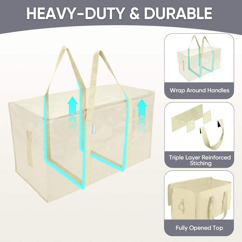 6 Pack Extra Large Heavy Duty Moving Bags Zipper Storage Totes Cream2