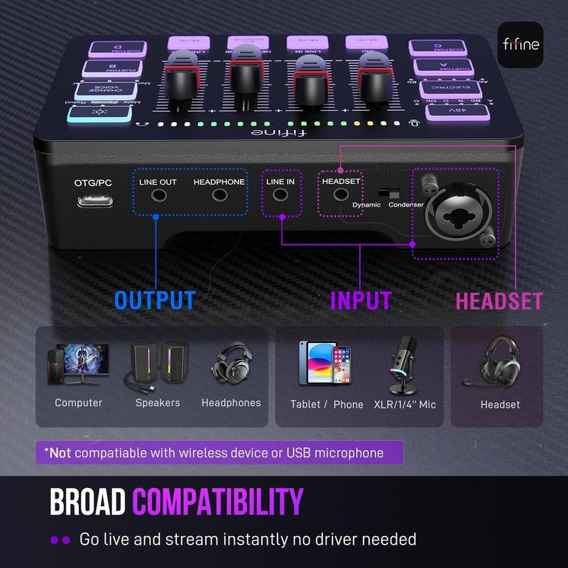 Gaming Audio Mixer RGB PC Mixer w/ XLR Mic Phantom Power Mute SC33