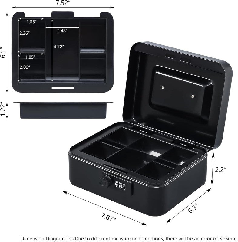 Secure Medium Cash Box with Combination Lock & Tray - Black 7.87"x6.30"x3.54"2