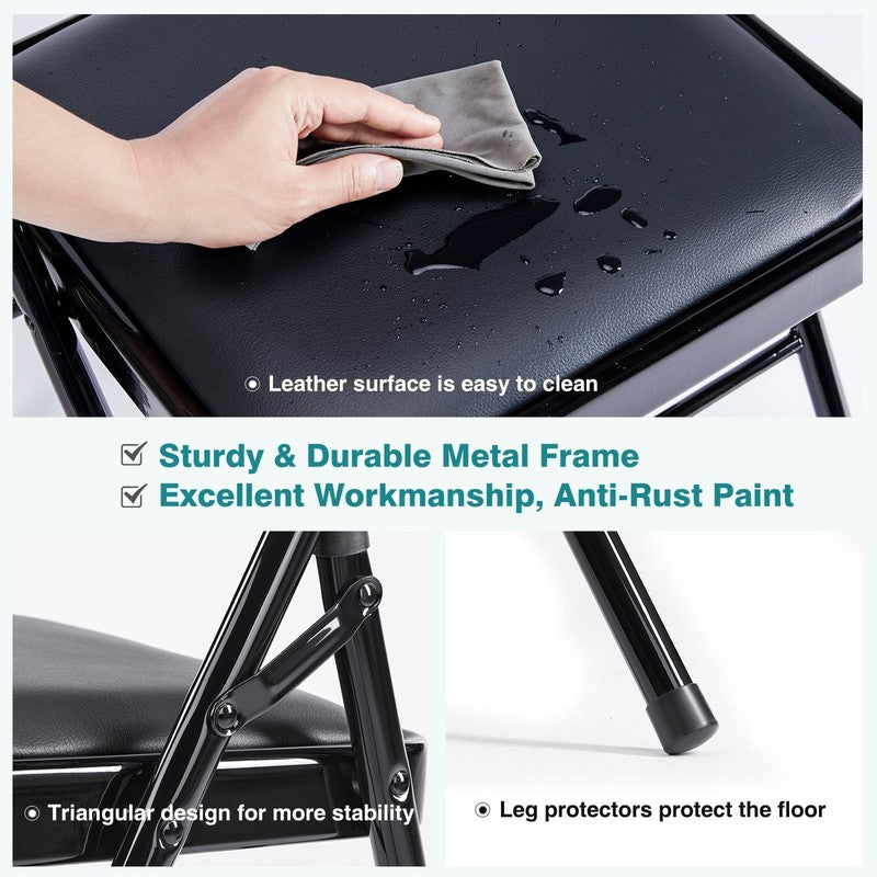 Folding Chairs 2 Pack/4 Pack, Padded PU Leather Seat, Heavy Duty,Black/Khaki2
