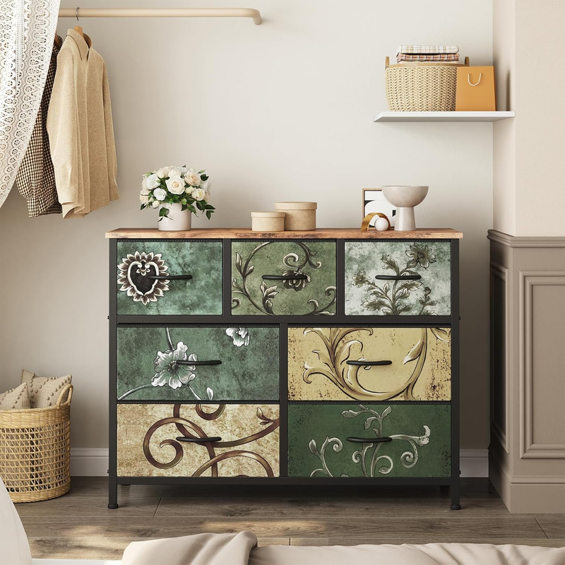 7 Drawer Fabric Dresser Storage Tower Steel Frame Wood Top Floral6