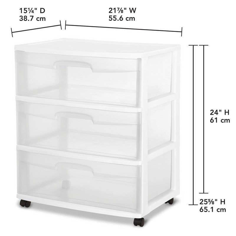 Wide 3 Drawer Cart, Clear Plastic Storage Drawers, Wheels Included, White1