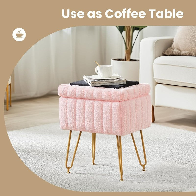 Vanity Stool Ottoman with Storage Faux Fur Seat Footrest Chair 4 Metal Legs Pink5
