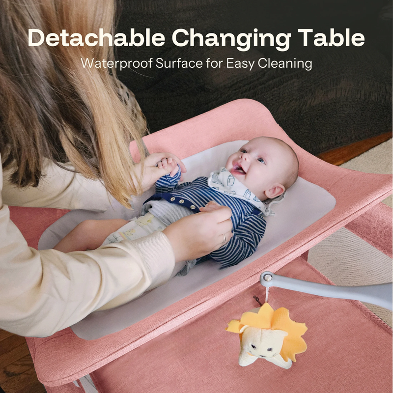 5 in 1 Baby Playard with Bassinet & Changing Table for Newborn, Pink5