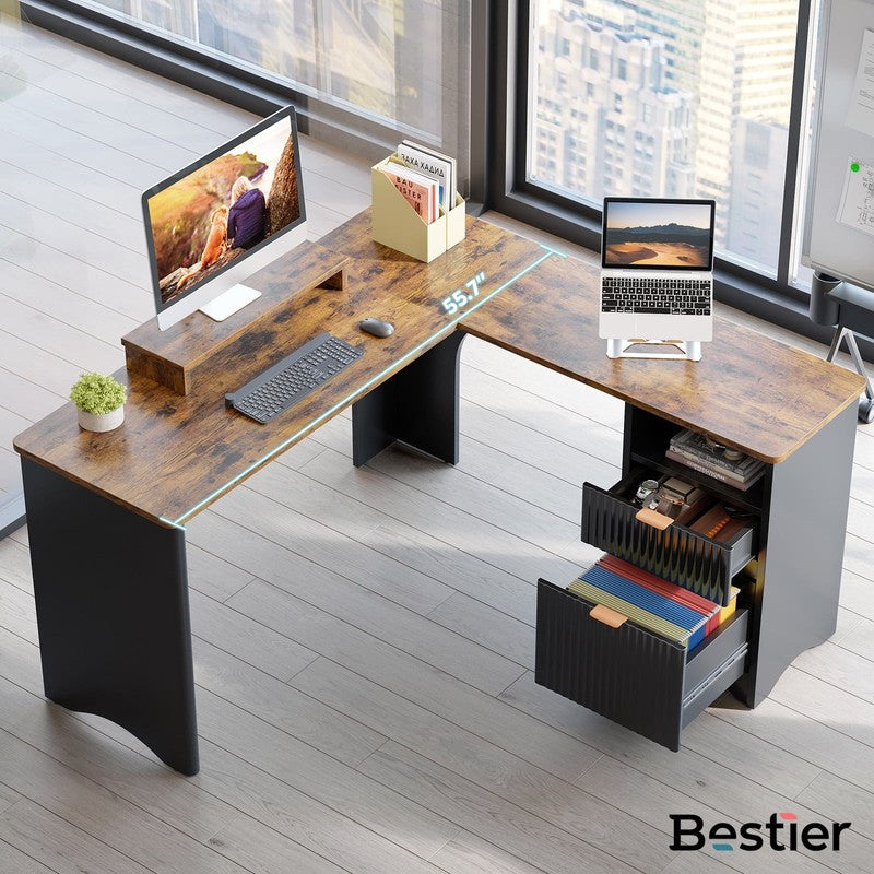 55" L-Shaped Desk with Drawers, Monitor Stand & Fluted Panels Black/Rustic5