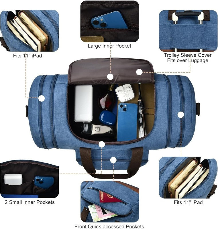 50L Canvas Duffle Bag Blue w/ Toiletry Bag Travel Gym Weekender Carry On3