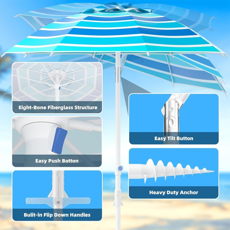 8FT Outdoor Beach Umbrella UPF50+ Waterproof Windproof Sun Shelter3