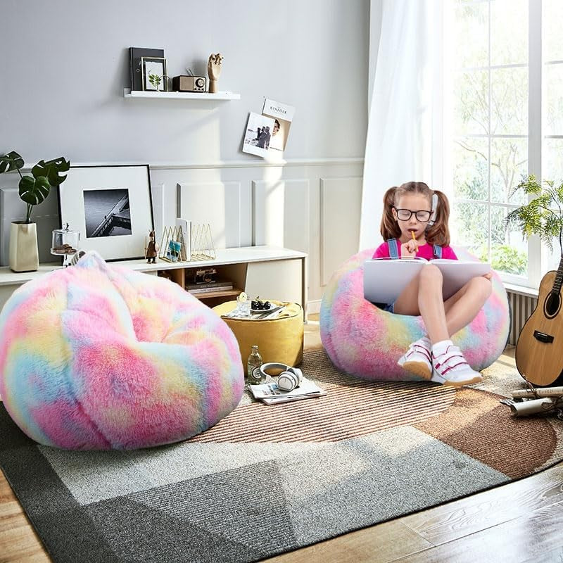 Fluffy Bean Bag Chair for Kids 2.5FT Memory Foam Faux Fur Rainbow1