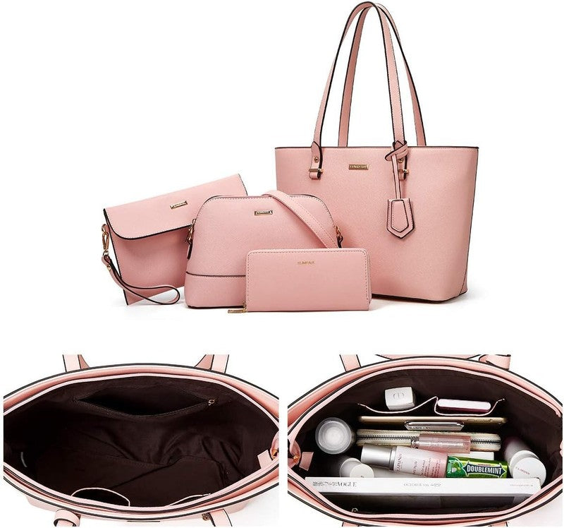 Women Fashion Synthetic Leather Handbag Set 4PCS Tote Shoulder Satchel Purse4