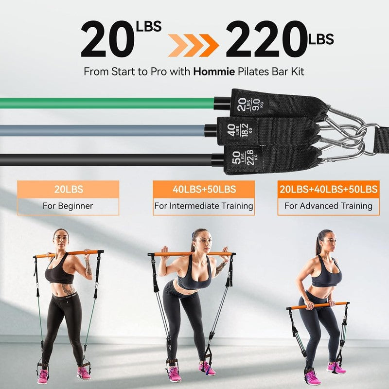 Portable 3-Section Pilates Bar Kit w/ Resistance Bands 20-60lb Full Body2