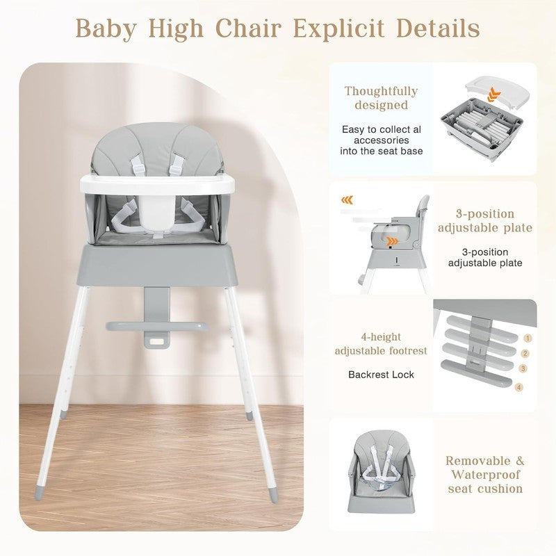 5 in 1 Foldable Baby High Chair Toddler Booster Seat w/ Tray & Harness Grey2