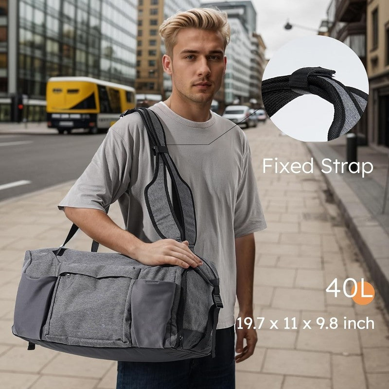 Men’s Gym Bag Backpack Duffle Grey Shoes Compartment Waterproof Weekender2