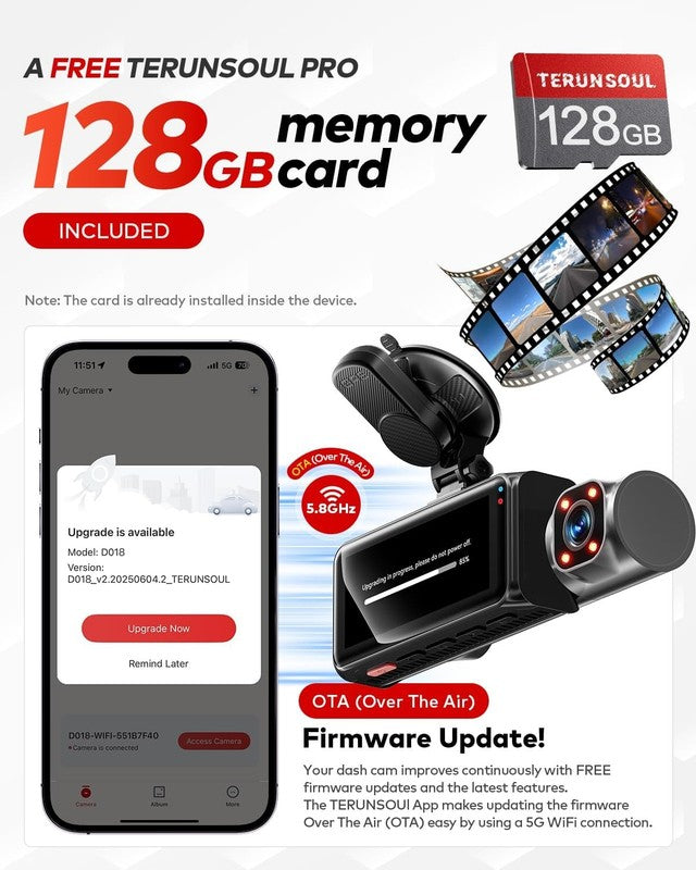 4K+4K+1080P 3-Channel Dash Cam Front/Rear/Cabin WiFi 128GB Card GPS Night Vision6