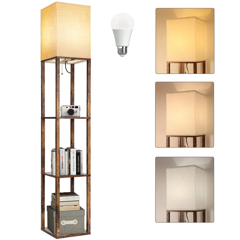 Dimmable Wood Floor Lamp with Shelves, Modern Standing Lamp for Living Room0